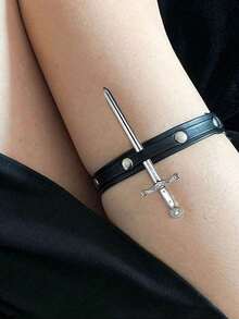 1pc Women Black Harness Belt Sword Prop Decor PU Leather Leg Ring Thigh Band Steampunk Baddie Outfits Night Out Costume Accessory