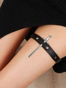 1pc Women Black Harness Belt Sword Prop Decor PU Leather Leg Ring Thigh Band Steampunk Baddie Outfits Night Out Costume Accessory