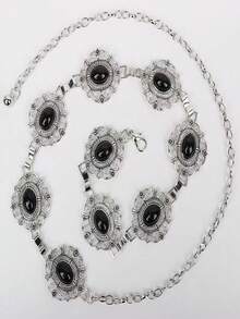 Dây thắt lưng kim loại phong cách châu Âu cổ điển, thắt lưng hợp kim kẽm Bohemian dành cho phụ nữ, phù hợp với váy, đám cưới mùa hè - màu xanh ngọc lam đen - Xem 2