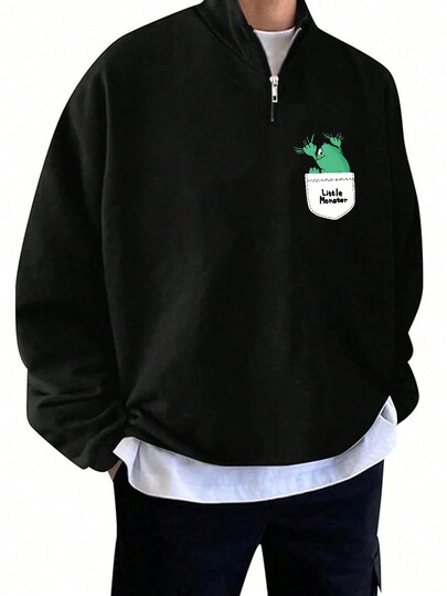 Sudadera con capucha de manga larga suelta informal con cremallera parcial delante y estampado gráfico, talla grande, para otoño e invierno