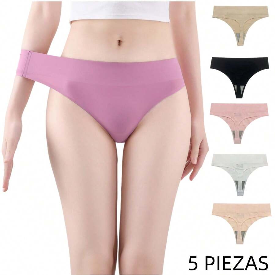 5 Pieces Women's Seamless Ice Silk Blend Sexy Thong Set