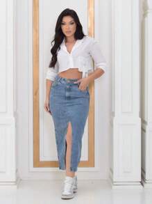 Midi Denim Skirt With Slit, Medium Wash - 淺色水洗藍 - 查看 1