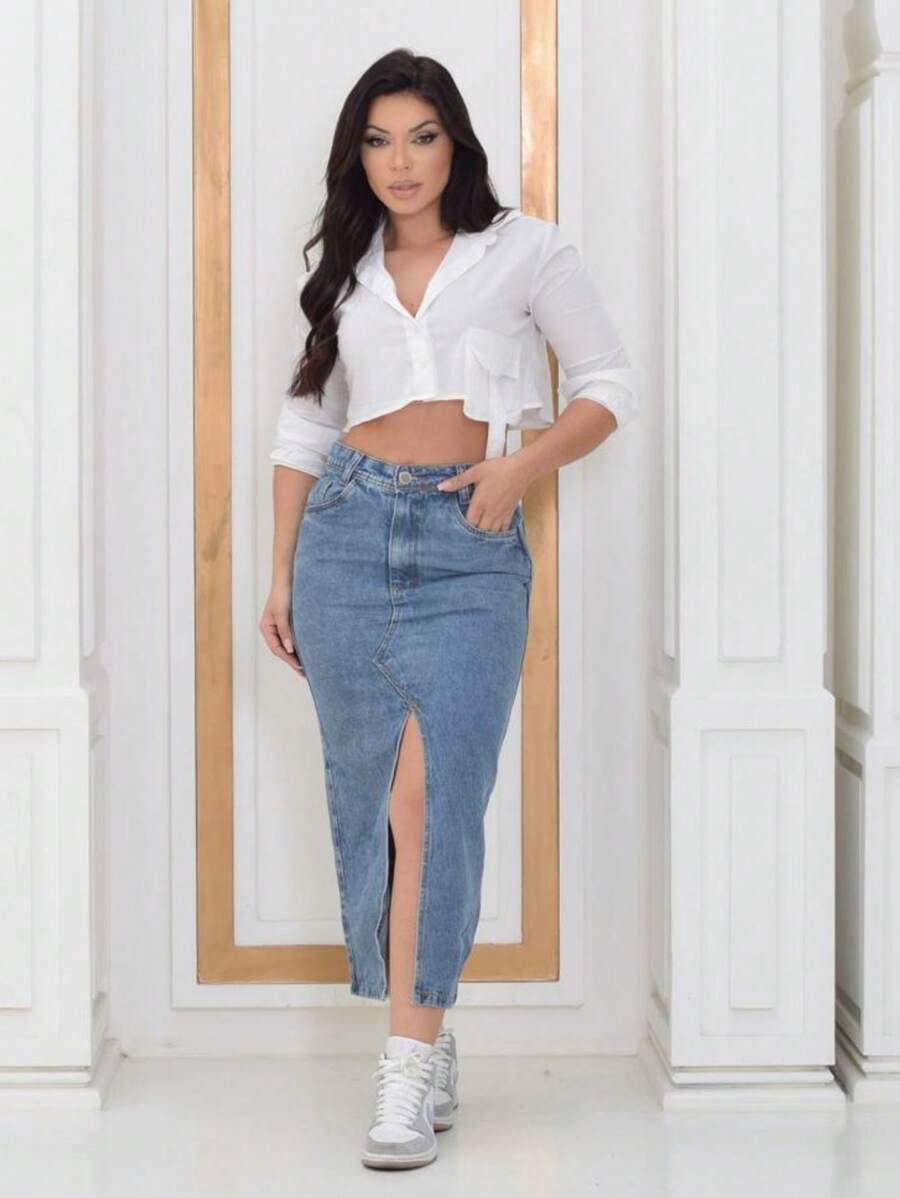 Midi Denim Skirt With Slit, Medium Wash - Rửa nhẹ - Xem 1