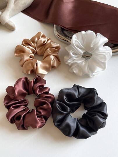 4 piezas/1 pieza Scrunchies de satén de alta gama para el cabello de mujer de 12 cm/4.72 pulgadas, negro, blanco, marrón, accesorios para el cabello de unicolor elegante y brillante para coleta, adecuados para uso diario, lazos para el cabello, casual