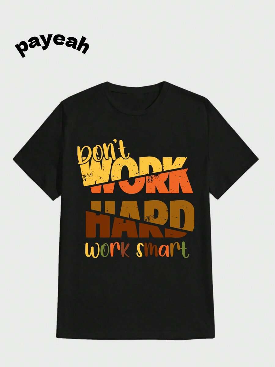 Payeah Motivation -Work Hard Casual Digital Print  Pure Heavy Cotton T Shirt - 黑色 - 查看 1