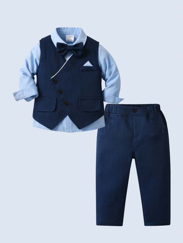 BOARNSEORL 3 pièces Ensemble de gentilhomme jeune garçon - Chemise blanche à manches longues, gilet avec nœud papillon et pantalon long, tenue à la mode pour anniversaire, mariage, célébration d'anniversaire