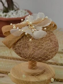French Elegant Women Small Top Hat, Vintage British Fascinator Hat, Lady Veil Headdress Hat, White Wedding Bridal Hair Accessories - 03501038 - View 13