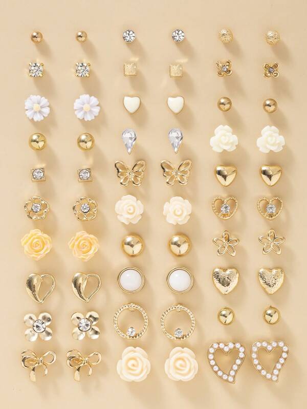 30-Pairs Set Elegant Minimalist Metal Faux Pearl Small Flower Fully Rhinestoned Heart & Bowknot Women Party Luxury Stud Earrings Gift Valentines