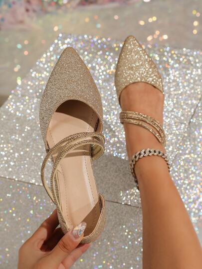 3pcs Gold Rhinestone Design Flat Sandals, Metallic Glitter Elegant Pointed Toe Flats, Suitable For Party, Wedding, Dancing, Non-Slip, Sexy, Summer