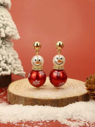 1 对可爱胖人造珍珠雪人与雪花装饰女式耳环，圣诞雪人，独特