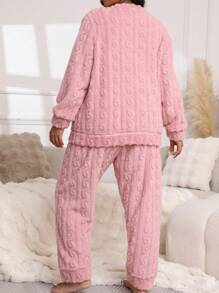 2 pezzi Set pigiama da donna in flanella spessa con ricamo a fungo, abbigliamento da notte caldo per autunno/inverno - Rosa - Visualizzare 3