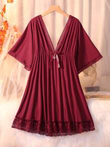 Christmas Red Wine Colored Sexy V-Neck Loose Revealing Shoulder Sleepwear For Young Women, Highly Attractive Value