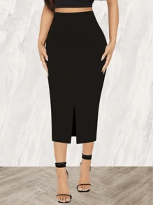 Gem Rose Solid High Waist Pencil Skirt