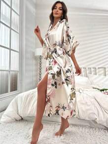 女式宽松花卉印花长袍，休闲七分袖浴袍睡衣，秋季 - 彩色 - 查看 6