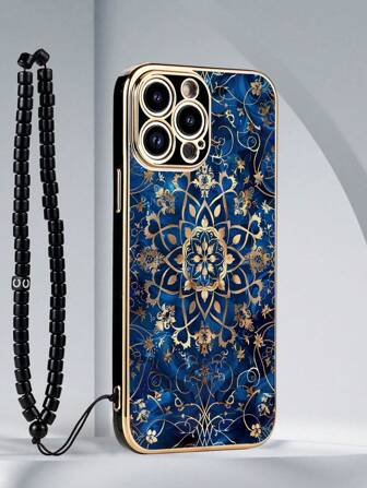 1 pieza Funda de teléfono a prueba de golpes con estampado floral plateado de TPU negro y 1 pieza Correa de cordón con cuentas negras, compatible con fundas de teléfono/fundas de teléfono a juego/fundas de teléfono con cordón/fundas de teléfono con correa para la muñeca