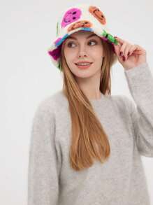 1PC Women Smiling Face Pattern Fluffy Hat Warm Bucket Hat For Daily Life, Dating Campus And Trips Teacher Mom Gifts - Multicolor - View 2