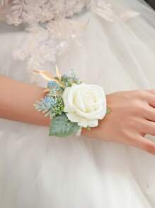 2 件套白色公主玫瑰和满天星花头饰和腕带，浪漫优雅，适合婚礼、舞会、周年纪念日情人节