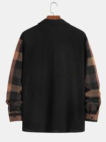 Men Plaid Contrast Color Collar Pocket Design Casual Fashion Daily Versatile Long Sleeve Shacket - Black - View 2