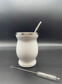 8oz,Double-Walled Stainless Steel Yerba Mate Cup, Tea Cup Set Include Insulated Yerba Mate Cup, Mate Straw Spoon & Cleaning Brush, Double-Walled And Hot & Cold Drink, For Mate Tea, Coffee, Easy To Clean ),(Wood/Marble/Silver/Black/White/Pink/Red),Gifts For Men And Women.