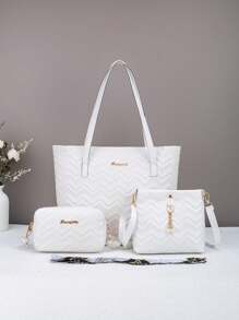 3 件套：双层波浪绗缝单肩手提包，配套迷你方形单肩包和带猫吊坠的水桶包，适合女孩和女士在多种场合穿着