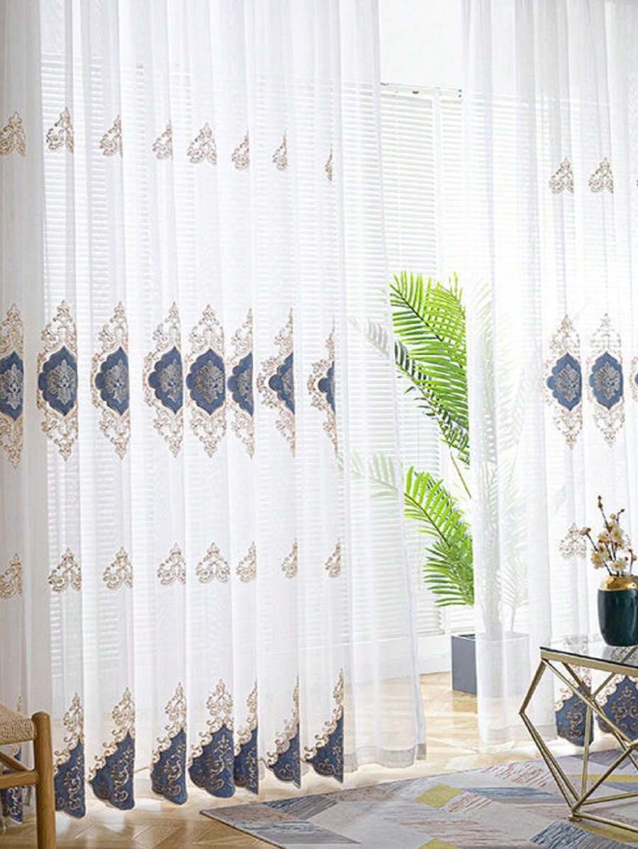 1pc Luxury Elegant Embroidered Sheer Curtain For Living Room & Bedroom - Blue - View 1