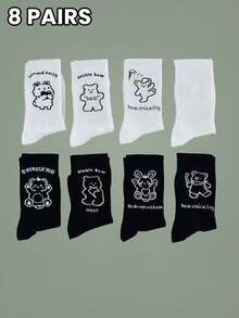 4/8 Đôi Tất Nam Nữ Đen Trắng Cặp Đôi Ngẫu Nhiên Bốn Mùa Chữ Hoạt Hình Gấu Mềm Thấm Hút Mồ Hôi Dễ Thương Xu Hướng Thời Trang Thể Thao Hàng Ngày Tất Thường Ngày - Đen và trắng - Xem 13