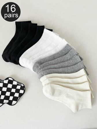 16 คู่ สีพื้น ถุงเท้าสั้นยืดหยุ่นสำหรับผู้หญิงแบบสบายๆ เหมาะสำหรับใช้ในชีวิตประจำวัน