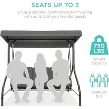 3-Seat Outdoor Large Converting Canopy Swing Glider, Patio Hammock Lounge Chair For Porch, Backyard W/Flatbed, Adjustable Shade, Removable Cushions - Xám - Xem 4