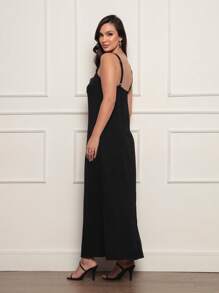 Long Dress With Pocket And Side Slit In Elegant Dune Fabric - Negro - Ver 3