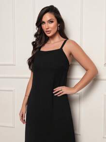 Long Dress With Pocket And Side Slit In Elegant Dune Fabric - Negro - Ver 2
