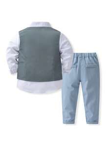 KIMOCAT 3 件套适合婚礼/派对的男童正式纯色背心、衬衫和裤子套装 - 淺藍色 - 查看 2