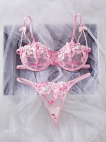 ROMWE Kawaii Bộ đồ lót gợi cảm thoáng khí, phối màu tương phản, thêu họa tiết, thích hợp cho mùa hè. - Hồng - Xem 2