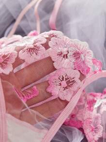 ROMWE Kawaii Bộ đồ lót gợi cảm thoáng khí, phối màu tương phản, thêu họa tiết, thích hợp cho mùa hè. - Hồng - Xem 5