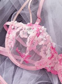 ROMWE Kawaii Bộ đồ lót gợi cảm thoáng khí, phối màu tương phản, thêu họa tiết, thích hợp cho mùa hè. - Hồng - Xem 4