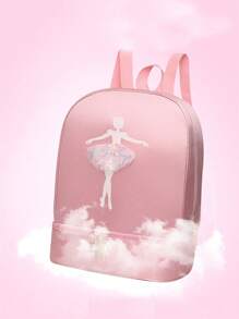 1pc Solid Color Zipper Closure Oxford Cloth Embroidered Dancer Motif Cute Backpack With Separate Shoe Compartment, Suitable For Daily Use