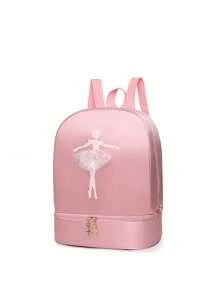 1pc Solid Color Zipper Closure Oxford Cloth Embroidered Dancer Motif Cute Backpack With Separate Shoe Compartment, Suitable For Daily Use