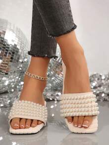 New Comfy Square Toe Pearl Decor High Platform Fluffy Slide Sandals For Plus Size Ladies, Casual Fashion Beach Summer Shoes