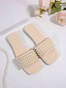 New Comfy Square Toe Pearl Decor High Platform Fluffy Slide Sandals For Plus Size Ladies, Casual Fashion Beach Summer Shoes