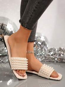 New Comfy Square Toe Pearl Decor High Platform Fluffy Slide Sandals For Plus Size Ladies, Casual Fashion Beach Summer Shoes