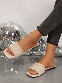 New Comfy Square Toe Pearl Decor High Platform Fluffy Slide Sandals For Plus Size Ladies, Casual Fashion Beach Summer Shoes