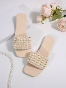 New Comfy Square Toe Pearl Decor High Platform Fluffy Slide Sandals For Plus Size Ladies, Casual Fashion Beach Summer Shoes