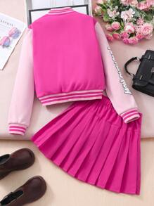 2pcs Tween Girl College Style Printed Jacket & Mini Skirt Outfit Set, Autumn/Winter - Multicolor - View 2