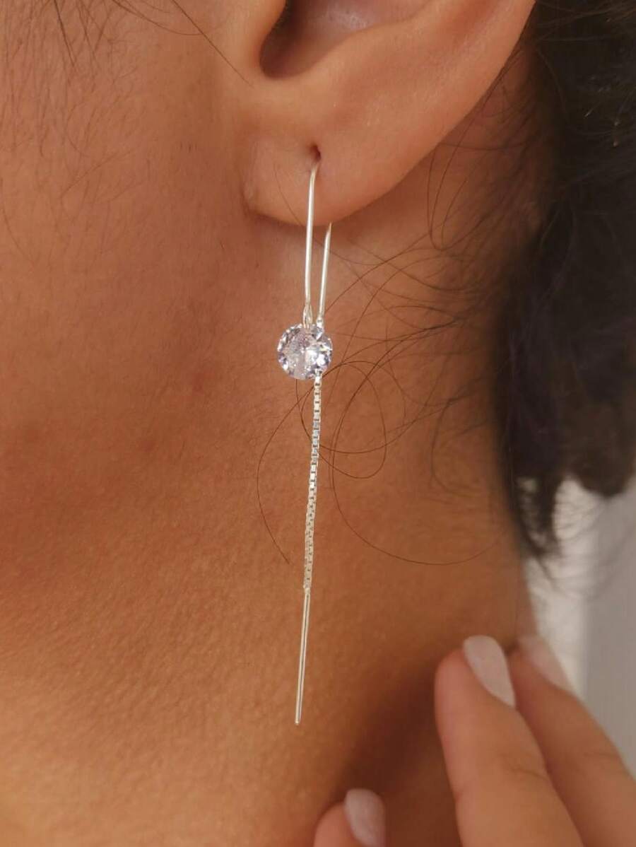 Venetian Wire Loop Earring Zirconia Stone 925 Sterling Silver - Bạc - Xem 1