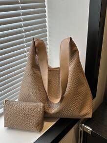 时尚女士新月形编织 PU 皮革单肩包，带零钱包、腋下包