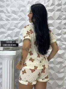 American Pajama Set Shirt And Shorts With Button Opening Maternity Breastfeeding - Beige - View 2