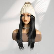 Knitted Hat With 18 Inch Synthetic Long Natural Straight Stylish Hair Extensions,Knitted Hat Wig For Women Halloween, Christmas, Party And Daily Use