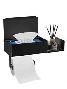 1 pieza Portarrollos de papel higiénico negro con estante de almacenamiento extensible, dispensador de papel de pared de acero inoxidable 304 fácil de instalar sin necesidad de taladrar, organizador de baño y cocina, decoración de verano para el baño