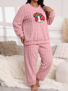 2 pezzi Set pigiama da donna in flanella spessa con ricamo a fungo, abbigliamento da notte caldo per autunno/inverno - Rosa - Visualizzare 2