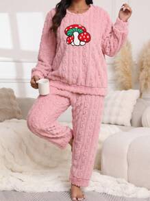 2 pezzi Set pigiama da donna in flanella spessa con ricamo a fungo, abbigliamento da notte caldo per autunno/inverno - Rosa - Visualizzare 1