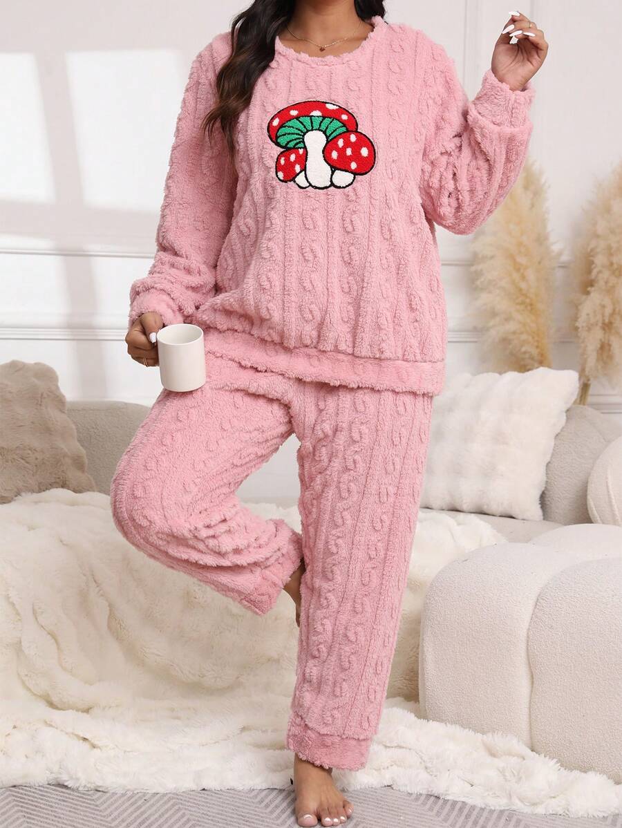 2 pezzi Set pigiama da donna in flanella spessa con ricamo a fungo, abbigliamento da notte caldo per autunno/inverno - Rosa - Visualizzare 1